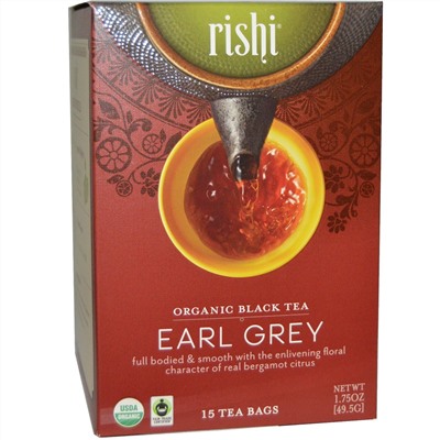Rishi Tea, Органический черный чай, эрл грей, 15 чайных пакетиков, 1.75 унций (49.5 г)