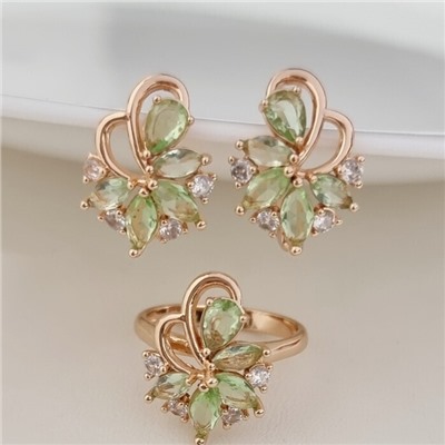 Комплект ювелирной бижутерии коллекция "Дубай" серьги и кольцо 19 р, покрытие позолота, вставка: фианиты, цвет: светло-зеленый и прозрачный, арт.215.482-19