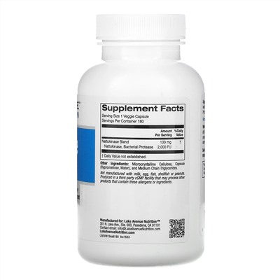 Lake Avenue Nutrition, наттокиназа, протеолитический фермент, 2000 FU, 180 растительных капсул