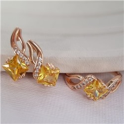 Комплект ювелирная бижутерия коллекция  "Дубай" серьги и кольцо 17 р, покрытие: позолота, вставка: фианиты, цвет: желтый и прозрчный, арт.215.464-17