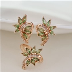 Комплект ювелирной бижутерии коллекция "Дубай" серьги и кольцо 17 р, покрытие позолота, вставка: фианиты, цвет: светло-зеленый и прозрачный, арт.215.484-17