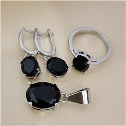 Комплект ювелирной бижутерии коллекция "Дубай" серьги, кулон и кольцо 20 р покрытие посеребрение, вставка: стекло, цвет: черный, арт.215.632-20