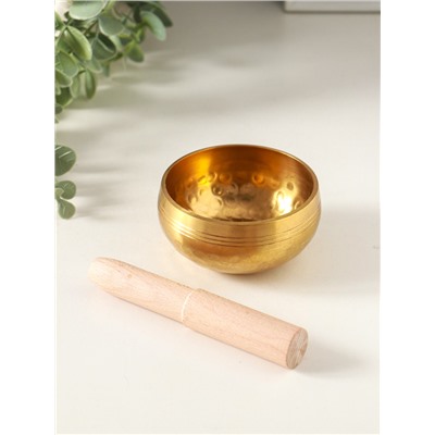 Поющая чаша золотая матовая «Точки и цветок», музыкальный инструмент, с резонатором, 4×8×8 см