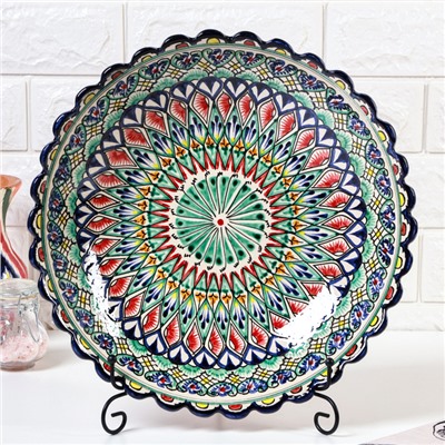 Ляган узбекский Риштанская керамика «Цветы», для плова, 32 см, рифлёный, глубокий, разноцветный