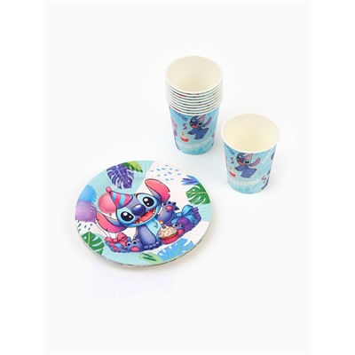 Посуда одноразовая бумажная на 10 персон: стаканы, тарелки, скатерть, Стич