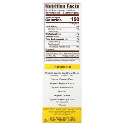 Simple Mills, Organic Seed Flour Crackers, Original, 4.25 oz (120 g)