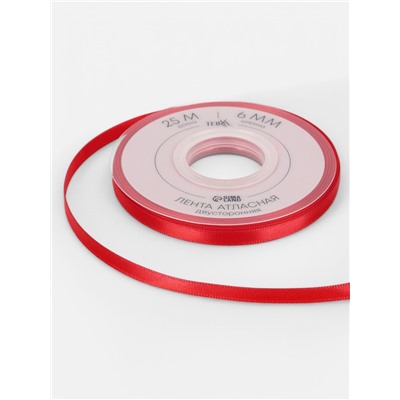 Лента атласная TEIRA, двухсторонняя, 6 мм, 25±1 м, красная №0250