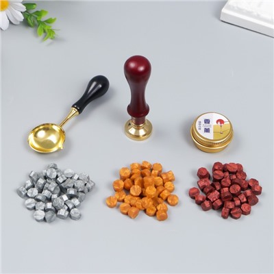 Подарочный набор для сургучной печати «Крупная роза», печать, ручка, ложка, воск: 3 цвета, свеча, 3.5×11×23 см