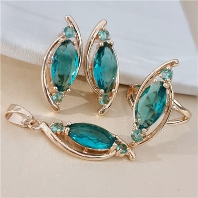 Комплект ювелирной бижутерии коллекция "Дубай" серьги, кулон и кольцо 18 р, покрытие позолота, вставка: стекло, цвет: морская волна, арт.414.293-18