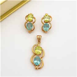 Комплект ювелирная бижутерия коллекция "Xuping" серьги и кулон, покрытие позолота, вставка: фианиты, цвет: голубой и зеленый, арт.007.208