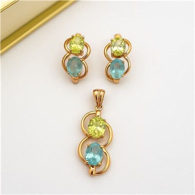 Комплект ювелирная бижутерия коллекция "Xuping" серьги и кулон, покрытие позолота, вставка: фианиты, цвет: голубой и зеленый, арт.007.208