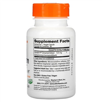 Doctor's Best, экстракт корицы с Cinnulin PF, 125 мг, 60 вегетарианских капсул