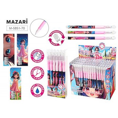 Ручка гелевая "Пиши-стирай" "ФАНТАЗИЯ" синяя, игольчатый пиш.узел 0.5 мм M-5851-70 Mazari