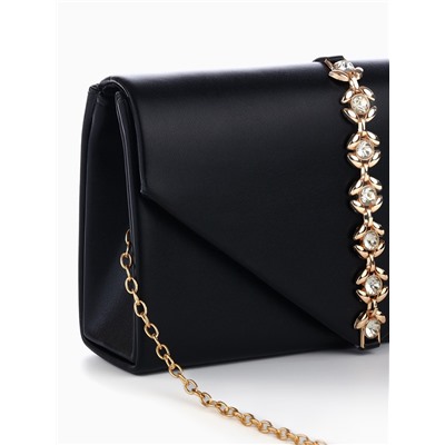 Сумка-клатч женская вечерняя на магните, на длинной цепочке, со стразами, чёрная