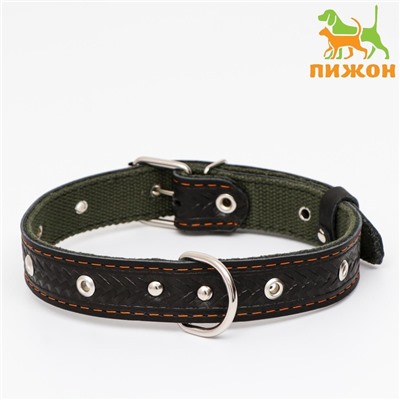 Ошейник комбинированный безразмерный, кожа/брезент, 60×3 см, ОШ 30-57 см, чёрный/зелёный