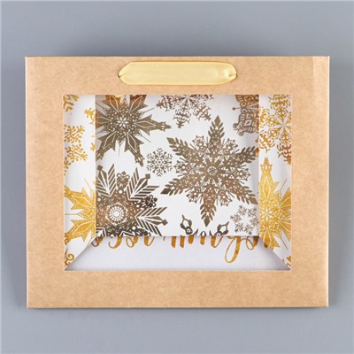 Пакет подарочный новогодний крафтовый с пластиковым окном Gold, 24×20×11 см