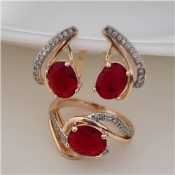 Комплект ювелирной бижутерии коллекция "Дубай" серьги и кольцо 19 р, покрытие позолота, вставка: фианиты, цвет: красный и прозрачный, арт.215.474-19