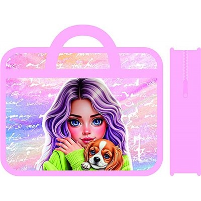 Папка пластиковая А4 на молнии с ручками 33х26х7,5 см ПМ-А4-25 "ДЕВОЧКА И ЩЕНОК 2026" Пчелка