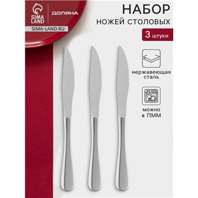 Ножи для стейка Доляна, длина 23 см, толщина рабочей части 2.2 мм, толщина ручки 5 мм, 410 сталь, набор 3 шт., нержавеющая сталь, серебристые