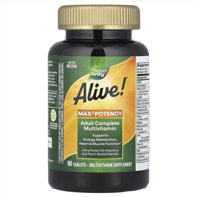 Nature's Way, Alive! ® Max3 Potency, полный мультивитаминный комплекс для взрослых, с железом, 90 таблеток