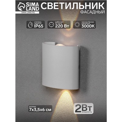 Светильник фасадный «Полусфера», 2 Вт, 3000К, 1 луч, IP65, 220 В, пластиковый корпус, белый, свечение тёплое белое