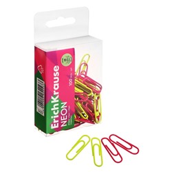 Скрепки канцелярские ErichKrause Neon, 28 мм, 100 шт., цветные с виниловым покрытием, пластиковая коробка, МИКС