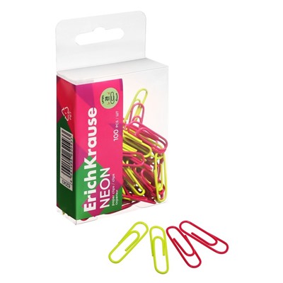 Скрепки канцелярские ErichKrause Neon, 28 мм, 100 шт., цветные с виниловым покрытием, пластиковая коробка, МИКС