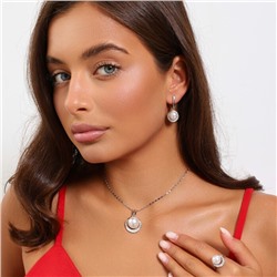 Комплект ювелирной бижутерии с искусственным жемчугом серьги, кулон и кольцо 20 р, покрытие посеребрение, вставка: фианиты и искусственный жемчуг, арт.314.916-20