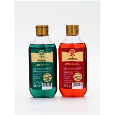 Подарочный набор новогодний в деревянной корзине: гель для душа, пена для ванны и полотенце, аромат хвойный лес и вишнёвый пирог, URAL LAB