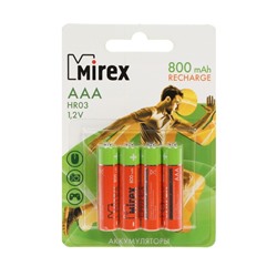 Аккумулятор Mirex, Ni-Mh, AAA, HR03-4BL, 1.2В, 800 мАч, блистер, 4 шт.