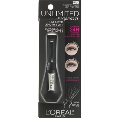L'Oreal, Тушь Unlimited для удлинения и подъема ресниц, оттенок 235 угольно-черный, 7 мл
