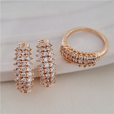 Комплект ювелирная бижутерия коллекция "Дубай" дорожка серьги и кольцо 19 р, покрытие: позолота, вставка: цирконы, цвет: прозрачный, арт.213.815-19