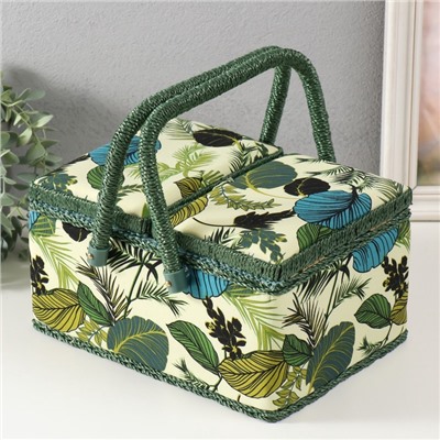 Шкатулка для рукоделия и шитья «Тропические листья на зелёном», хранение ниток, иголок, мелочи, 19×26×14.5 см