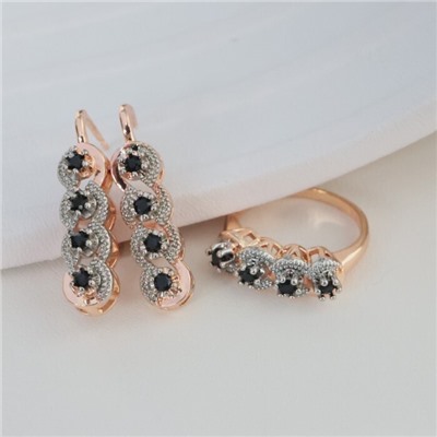 Комплект ювелирной бижутерии коллекция "Дубай" серьги и кольцо 19 р, покрытие позолота, вставка: фианиты, цвет: черный, арт.213.978-19