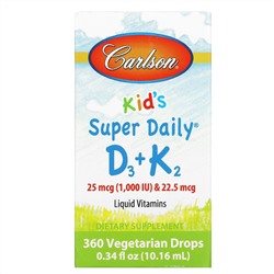 Carlson Labs, Super Daily D3+K2 для детей, 25 мкг (1000 МЕ) и 22,5 мкг, 10,16 мл (0,34 жидк. унции)