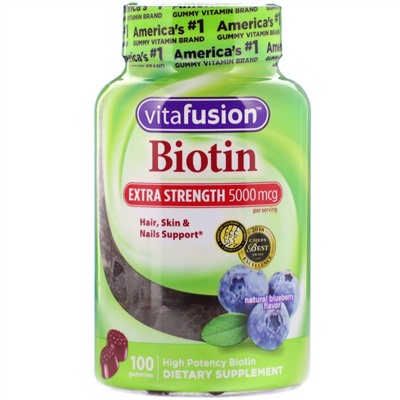 VitaFusion, Биотин повышенной силы действия, натуральный вкус голубики, 5000 мкг, 100 жевательных таблеток
