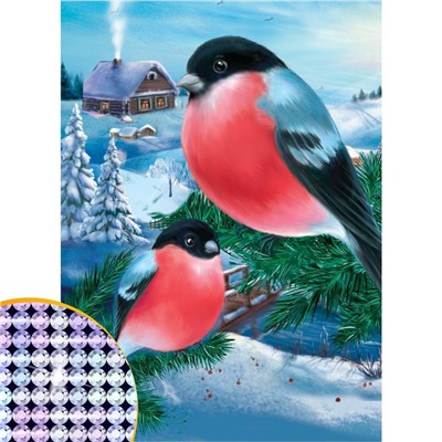 Алмазная мозаика на новый год с частичным заполнением на холсте «Снегири», 15×21 см, набор для творчества