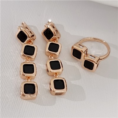 Комплект ювелирной бижутерии коллекция "Дубай" серьги и кольцо 17 р, покрытие позолота, вставка: стекло, цвет: черный, арт.313.493-17