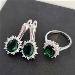 Комплект ювелирная бижутерия  серьги и кольцо 17 р, покрытие: посеребрение, вставка: фианиты, цвет: зеленый и прозрачный, арт.313.005-17
