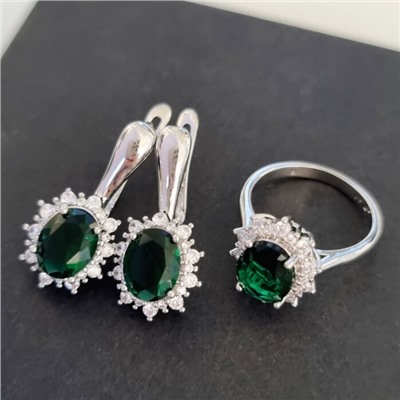 Комплект ювелирная бижутерия  серьги и кольцо 17 р, покрытие: посеребрение, вставка: фианиты, цвет: зеленый и прозрачный, арт.313.005-17