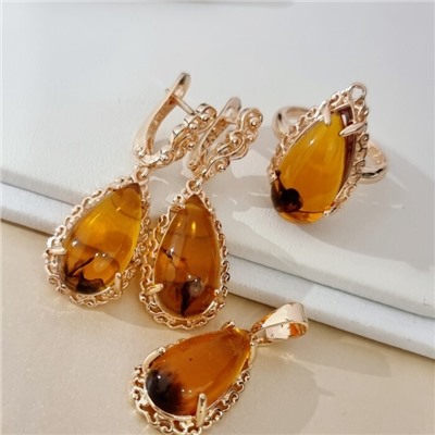 Комплект ювелирной бижутерии коллекция "Дубай" серьги, кулон и кольцо 19 р покрытие позолота, вставка: искусственный янтарь, арт.414.232-19