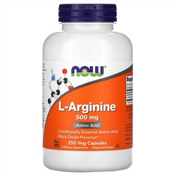 Now Foods, L-аргинин, 500 мг, 250 вегетарианских капсул