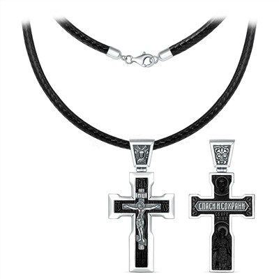 Колье с крестом из чернёного серебра и дерева эбен на текстильном вощёном шнурке - Распятие, Ангел Хранитель, Святой Дух (сбоку надпись "Огради мя, Господи") К-4