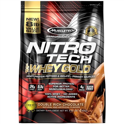 Muscletech, Nitro Tech, 100% Whey Gold, сывороточный белок в порошке, двойной шоколад, 3,63 кг (8 фунтов)