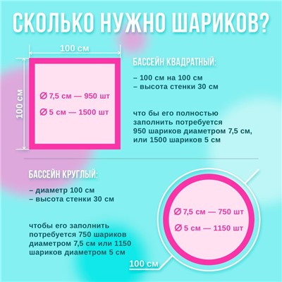 Шарики для сухого бассейна, 100 штук, цвета бирюзовый, маджента, белый перламутр, диаметр шара — 7,5 см