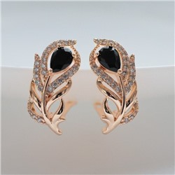 Серьги в форме пера ювелирная бижутерия коллекция "Дубай" покрытие: позолота, вставка: фианиты, цвет: черный, арт.217.247