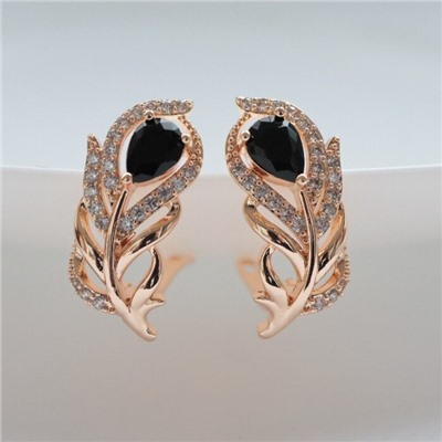 Серьги в форме пера ювелирная бижутерия коллекция "Дубай" покрытие: позолота, вставка: фианиты, цвет: черный, арт.217.247