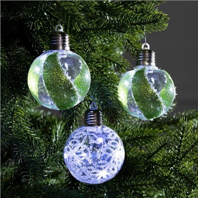 Набор ёлочных шаров «Шары с блёстками», 3 шт., от батареек, свечение белое