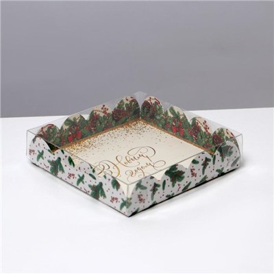 Коробка для кондитерских изделий с пластиковой крышкой «Новый год», 13×13×3 см