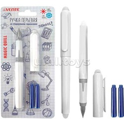 Ручка перьевая стираемая "Magic Quill" перо среднее F (Fine) с каучуковым держателем, в комплекте с 3-мя баллончиками 0,8 мл (1 - в ручке, 2 - запасных), белый корпус, синий цвет чернил, блистерная упаковка